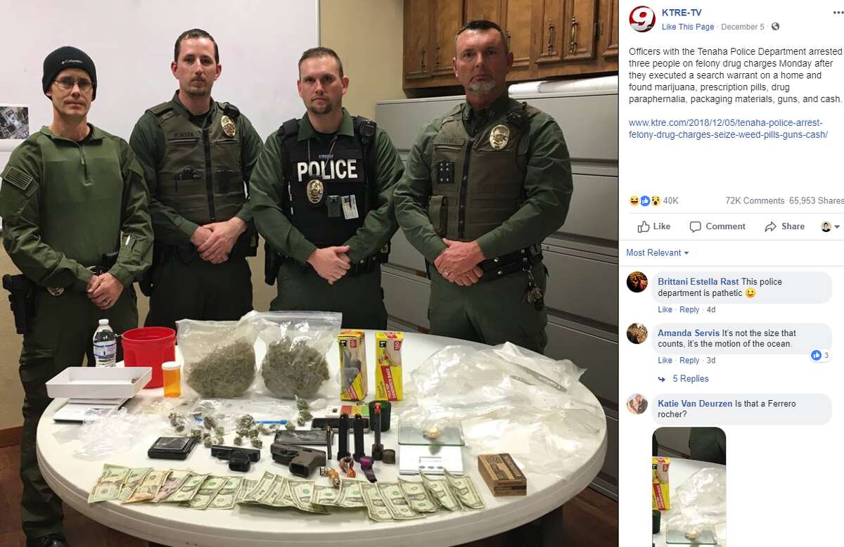 A flood of Facebook users poked fun at a photo of illicit items seized during a recent drug bust, which netted two pounds of marijuana, prescription pills and guns.