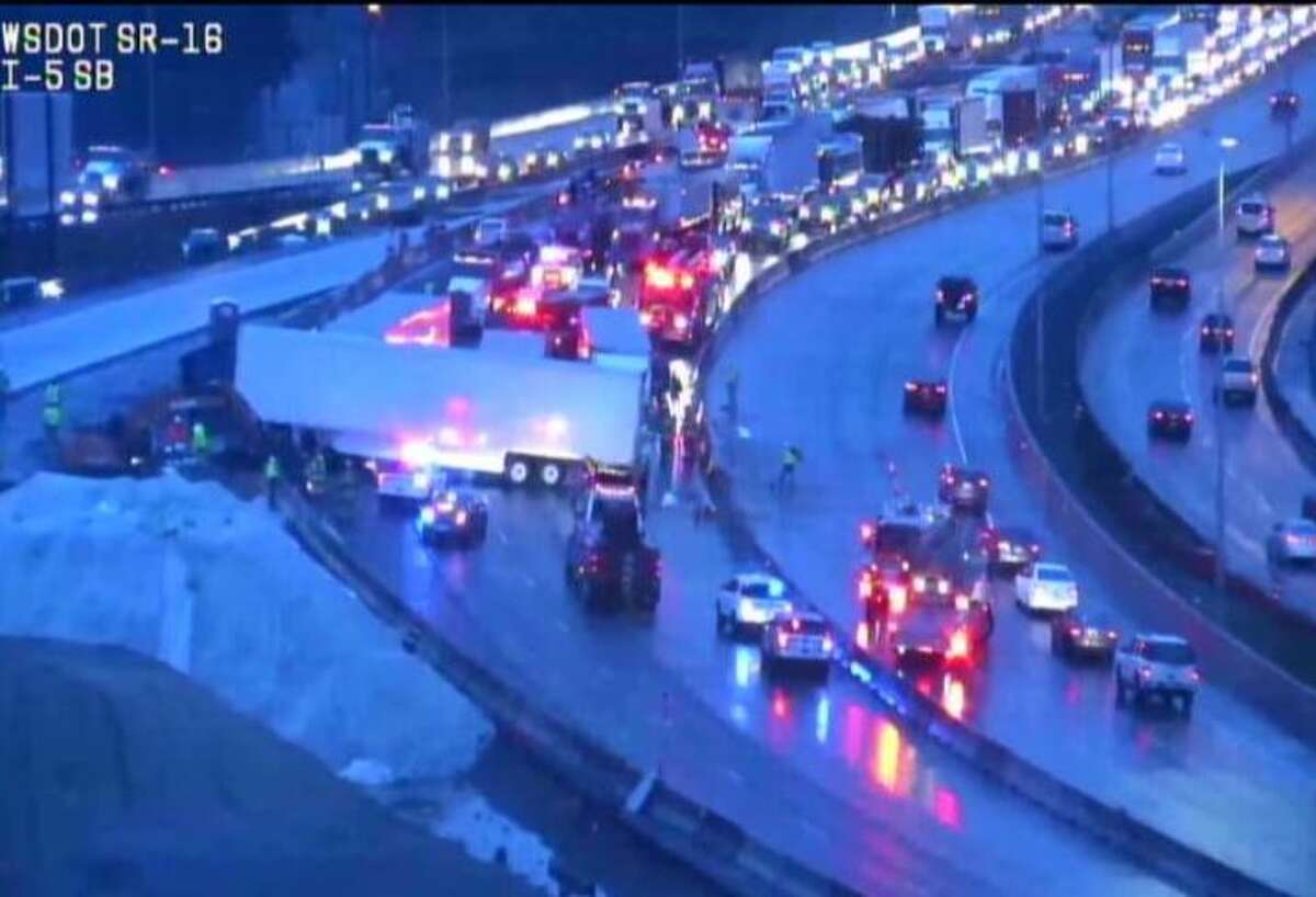 Washington State Department of Transportation cameras show the crash blocking traffic on Interstate 5.
