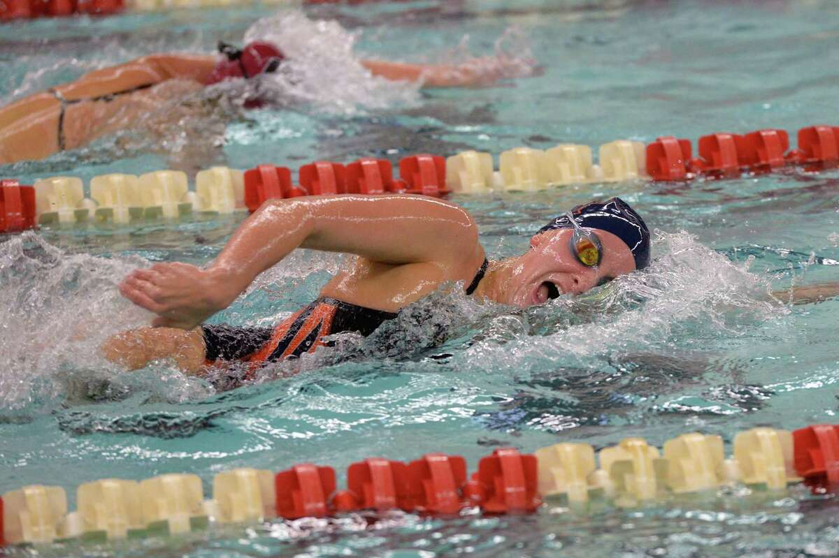 Beth McNeese of Seven Lakes competes during the girls 200 yard freestyle at the District 19-6A Swimming and Diving Championships on January 27, 2018 at the Katy HS Natatorium, Katy, TX.