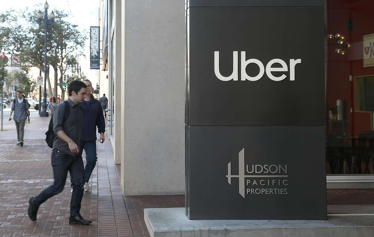 Sign seen outside Uber's HQ at 1455 Market on Monday, Oct. 15, 2018 in San Francisco, Calif.