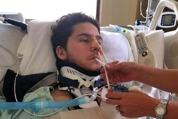 In this June 1, 2018 photo, David Jacob Anzaldua eats "real food" for the first time since the accident. (Courtesy photos)