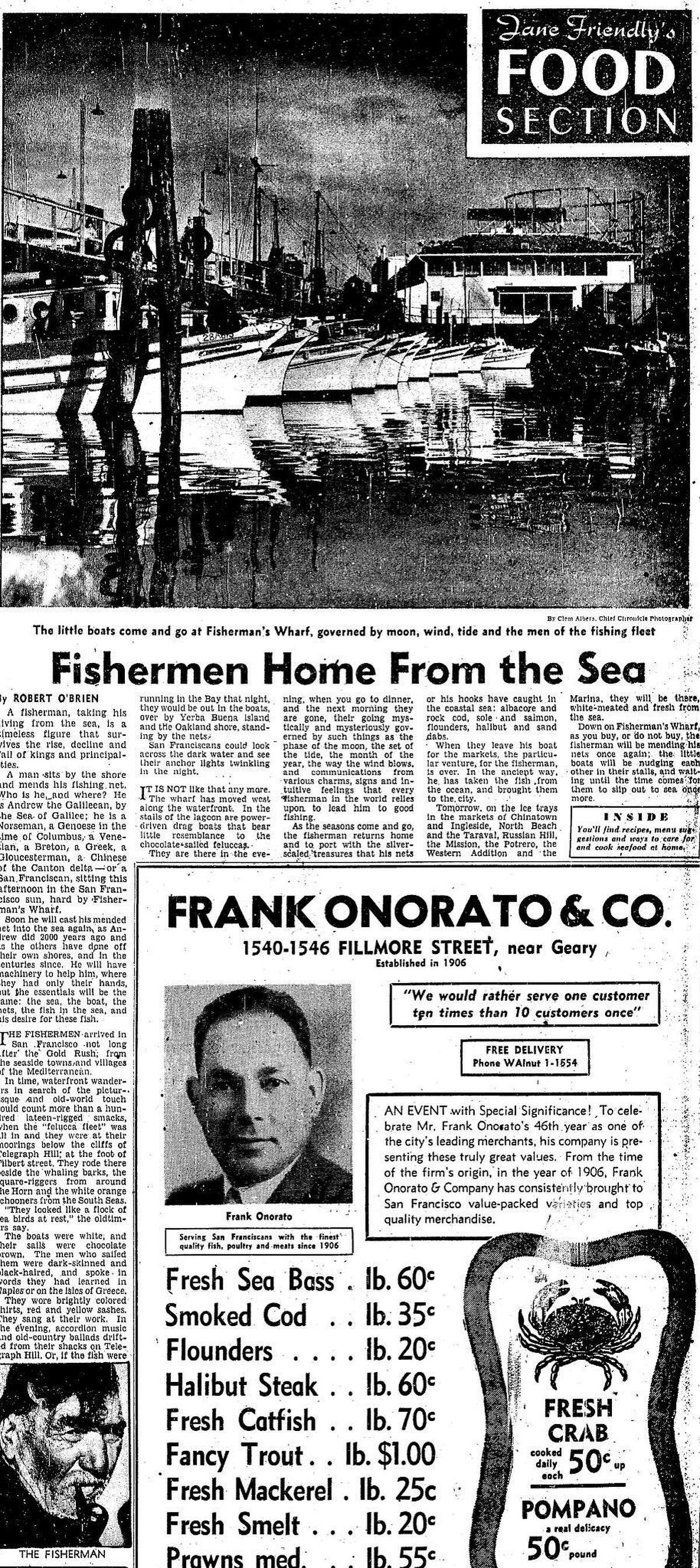 1952年2月20日，一篇关于渔船队和渔人码头的食品编年史报道