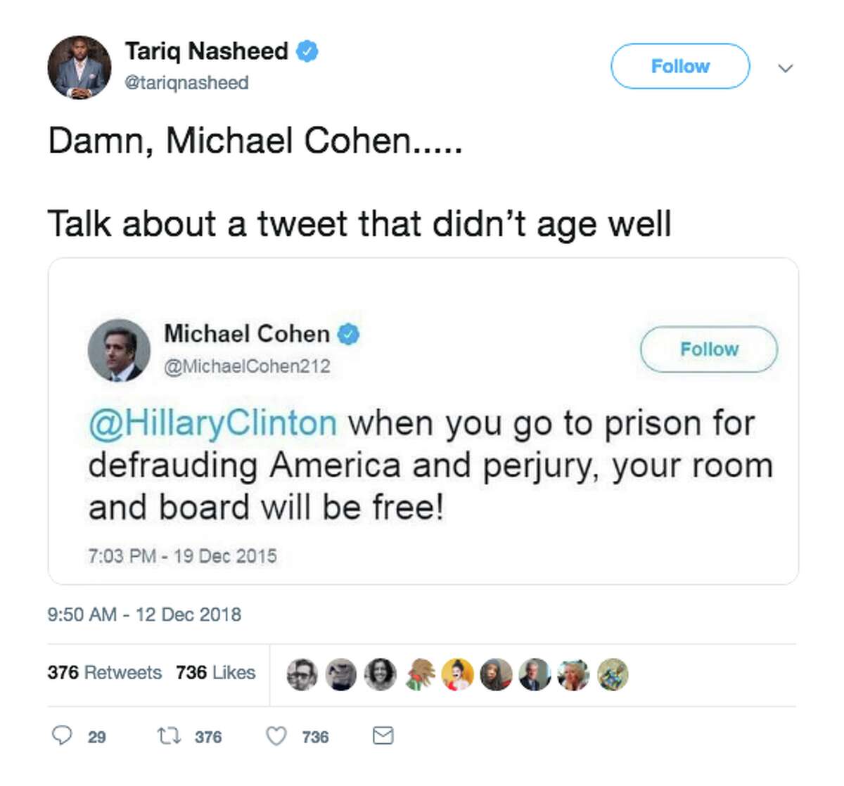 Twitter reacts after Michael Cohen was sentenced to three years in prison Wednesday.