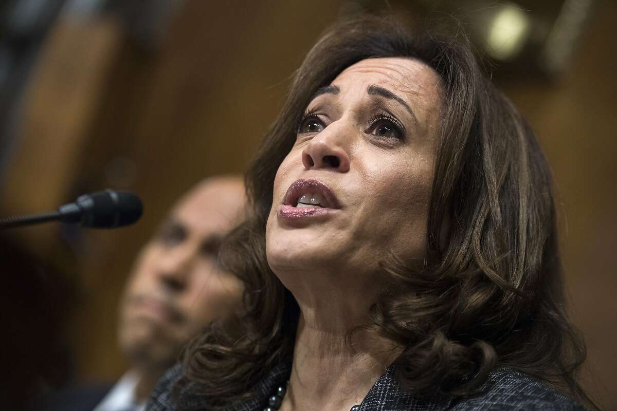 FILE - In this Sept. 27, 2018, file photo, Sen. Kamala Harris, D-Calif., listens to Christine Blasey Ford testify during the Senate Judiciary Committee hearing on the nomination of Brett Kavanaugh to be an associate justice of the Supreme Court in Washington. Democrats are trying to turn their most painful losses this year into a rallying cry they hope will electrify the 2020 presidential campaign: Every vote matters. (Tom Williams/Pool Photo via AP)