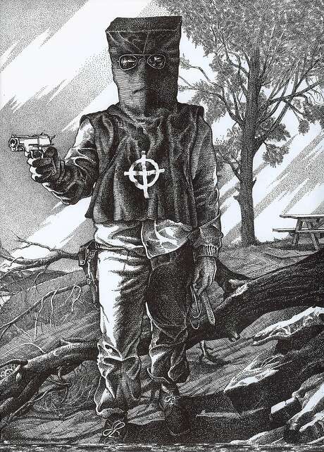 Zodiac in Costume at Lake Berryessa, drawing by former Chronicle cartoonist Robert Graysmith.  Surviving victim Bryan Hartnell personally described the costume in detail to Graysmith, after his, and Cecilia Shepherd's,  encounter with the Zodiac September 27, 1969. Photo: Courtesy Of Robert Graysmith 1969