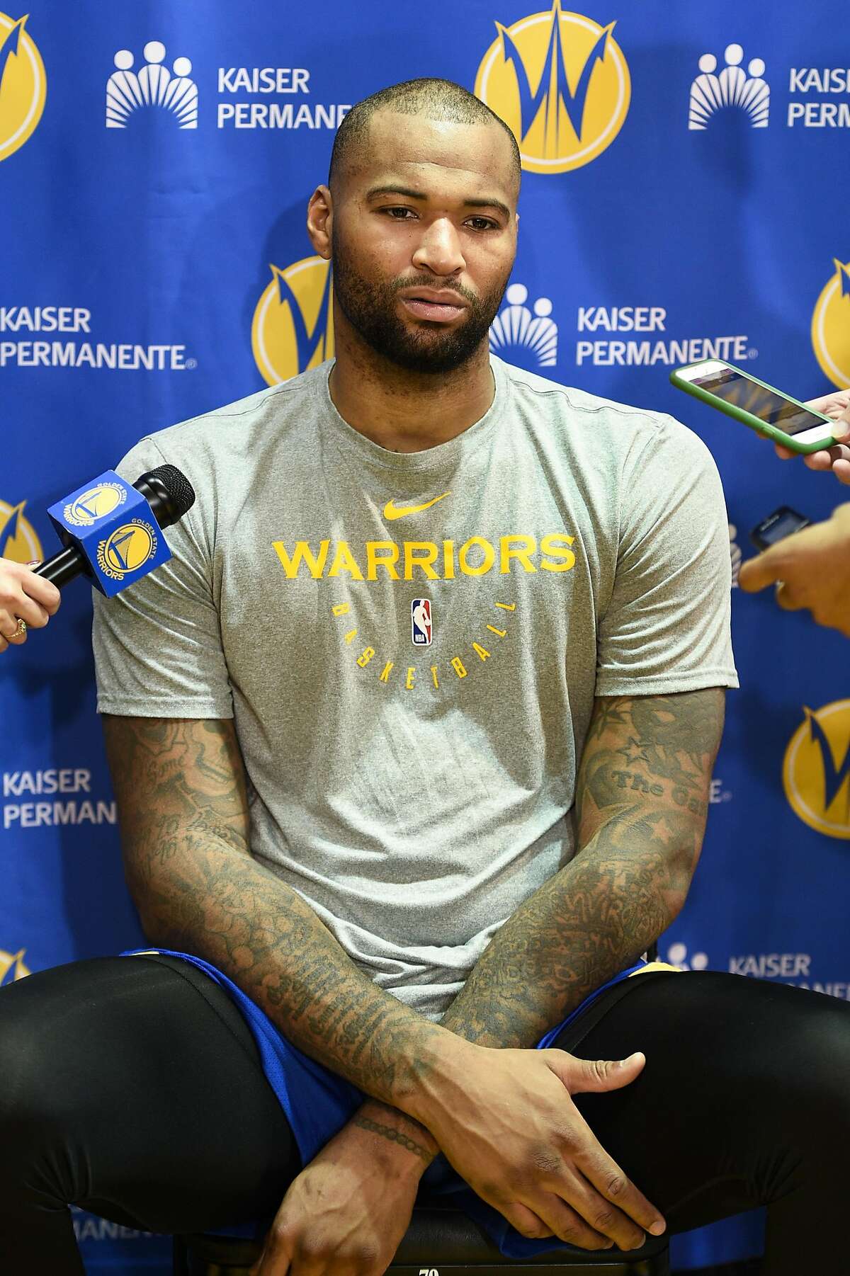 Golden State Warriors' DeMarcus Cousins answers questions from the media after practice at Kaiser Permanente Arena in Santa Cruz Wednesday December 12, 2018.