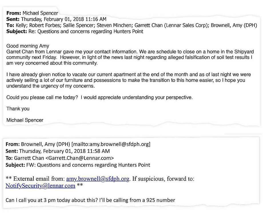 Michael Spencer was in the process of buying a shipyard condominium when he saw a news report about problems with the cleanup. He asked a Lennar sales executive, Garrett Chan, for information, and Chan sent him to Amy Brownell. On Feb. 1, 2018, Spencer emailed Brownell that he was worried about going through with his purchase. Shortly after, Brownell emailed Chan to set up a call about the situation. Photo: Source: San Francisco Department Of Public Health