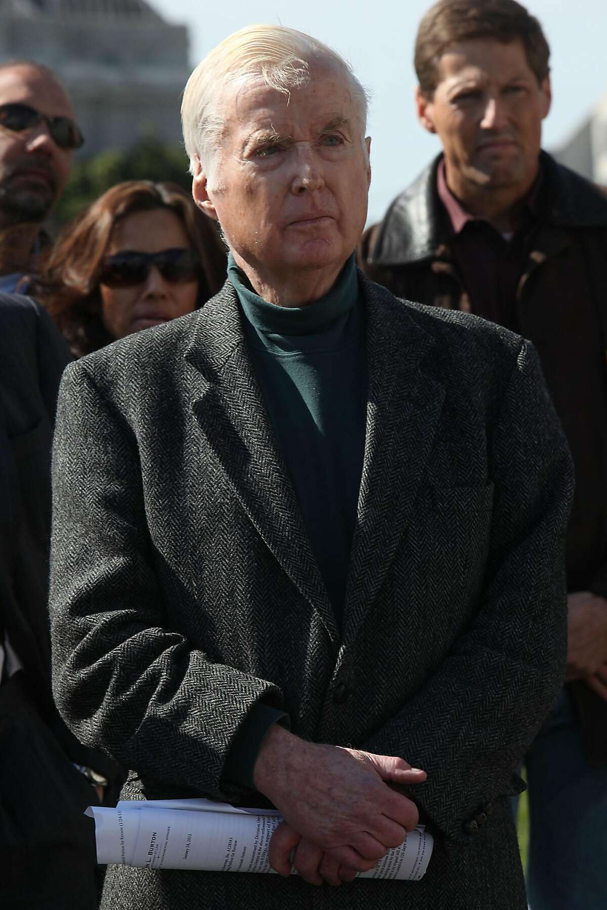 Retired state justice William Newsom at a press conference in the Civic Center Plaza in San Francisco Calif., to ask that the men convicted in the 1976 schoolbus kidnapping in Chowchilla be released on parole on Monday, February 14, 2011.