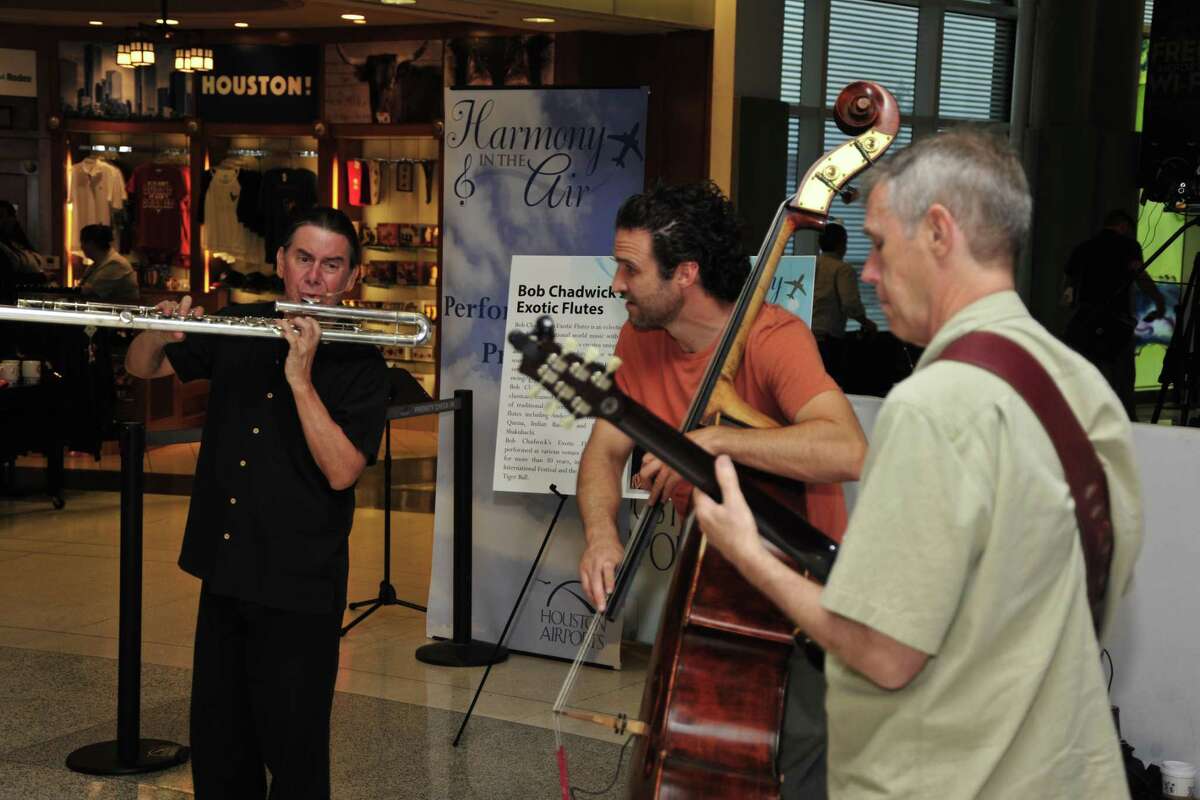 The Bob Chadwick Jazz Trio performs at Hobby Airport for the Houston Airport System's "Harmony in the Air" program in 2015.