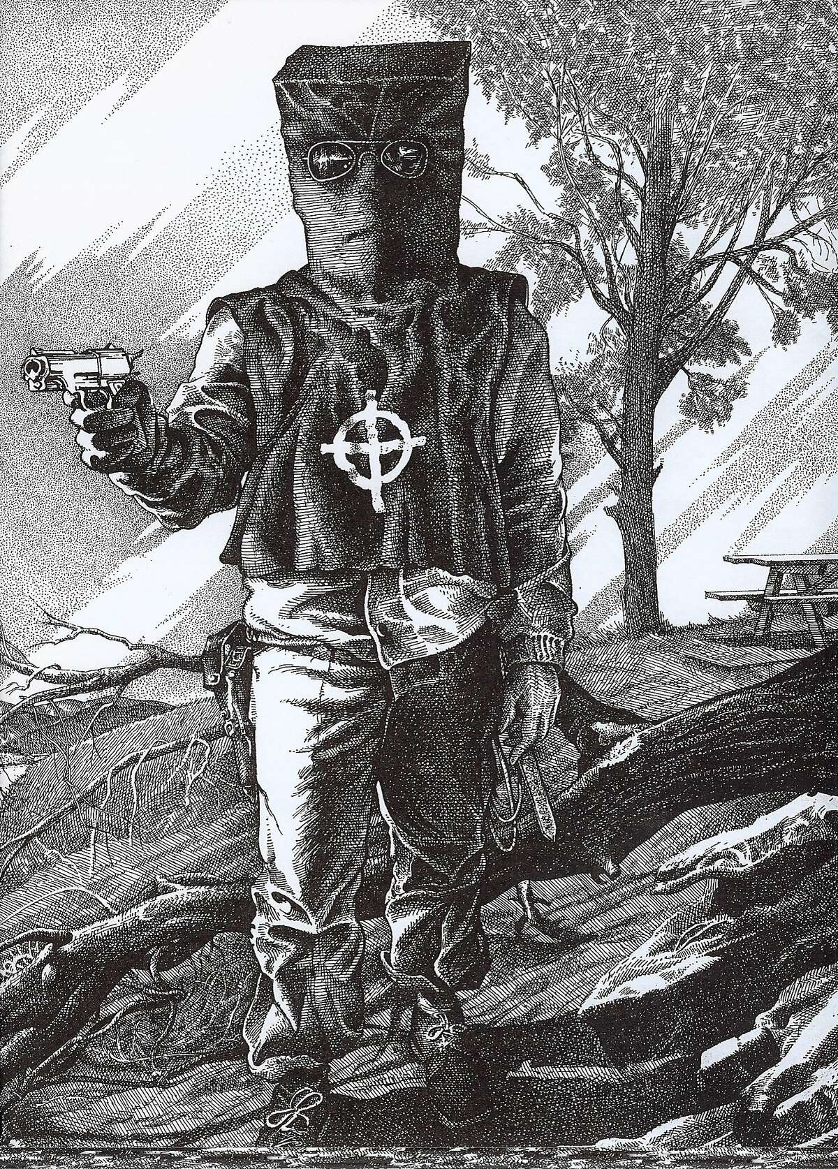 A drawing of the Zodiac Killer in costume at Lake Berryessa by former Chronicle cartoonist Robert Graysmith, whose authoritative books on the Zodiac would be published years later. The drawing is based on a description by Bryan Hartnell, who survived several stab wounds from the Zodiac’s attack on Sept. 27, 1969. Hartnell’s friend, Cecelia Shepard, died from her wounds. Photo: Courtesy Of Robert Graysmith 1969