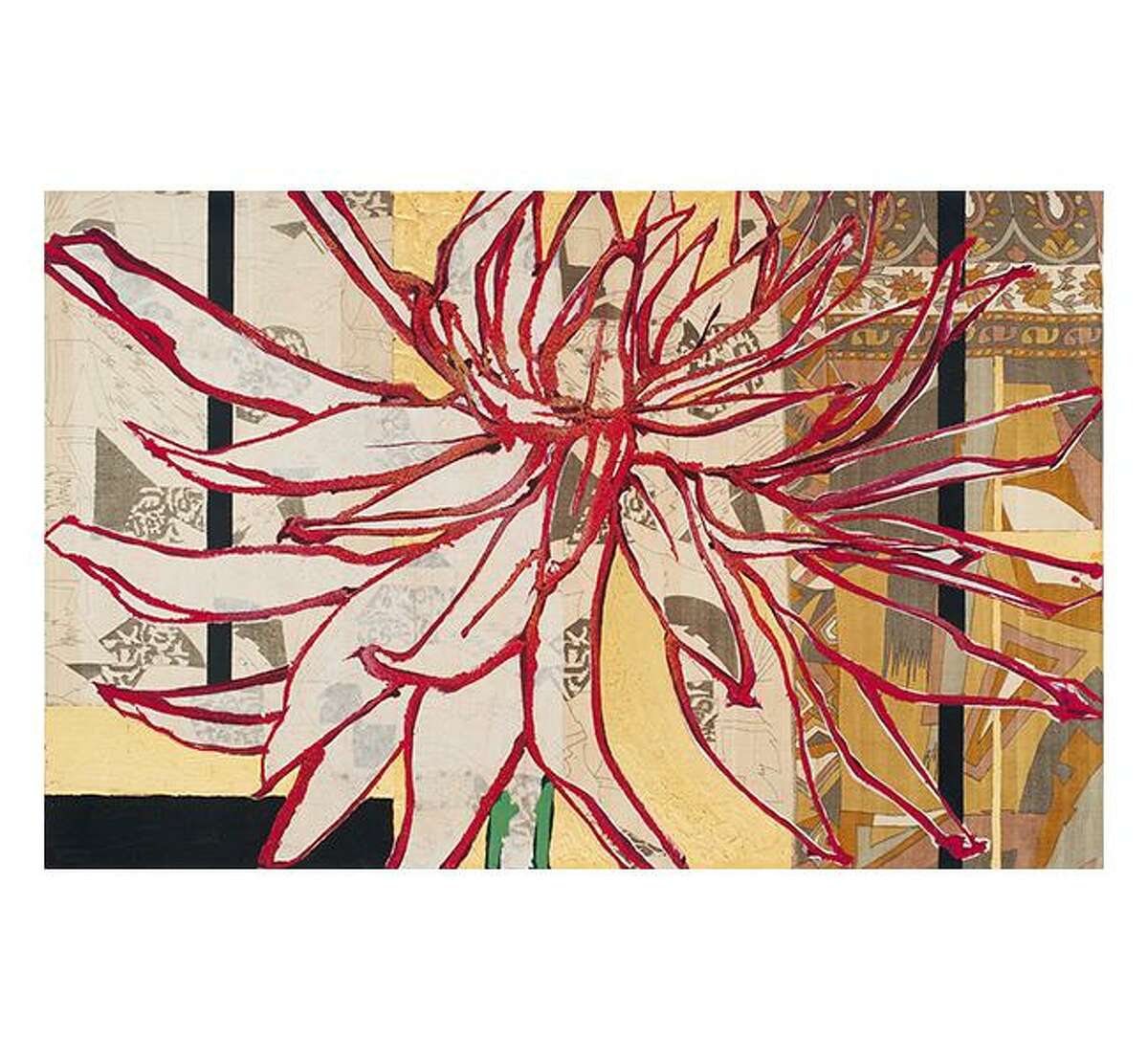 “Red Dahlia” is among paintings in Robert Kushner’s solo show “Reverie: Dupatta-Topia,” at Texas Gallery through Jan. 5.