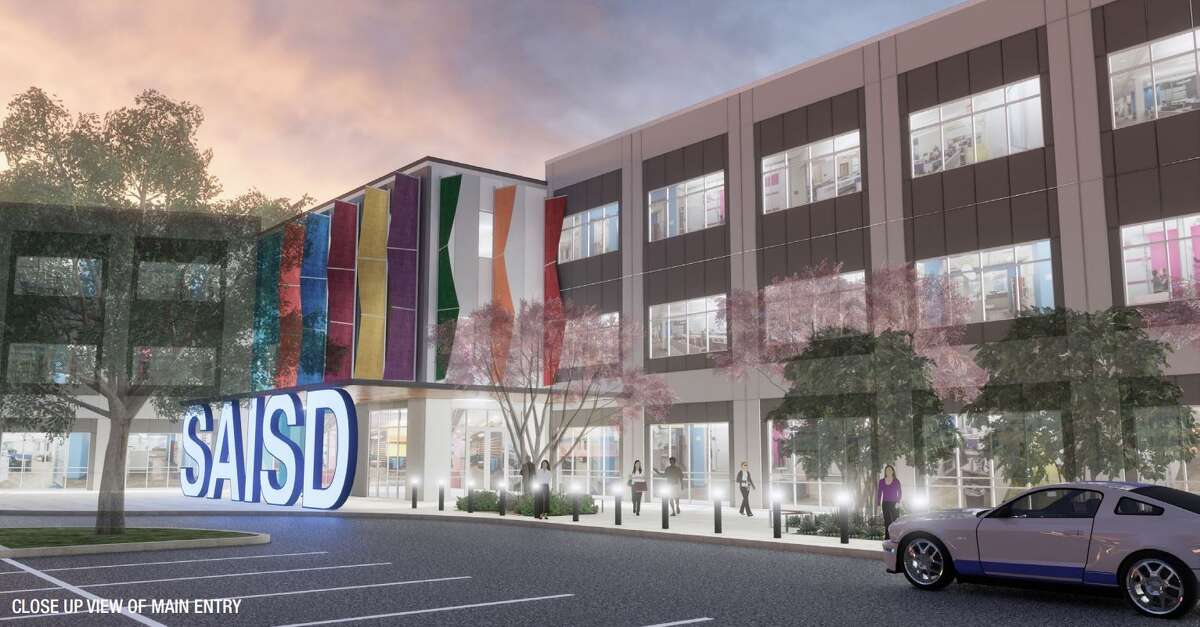 Renderings show the proposed new San Antonio ISD administration building. Plans for the new building, which will be located in the current Fox Technical High School football field near downtown, got conceptual approval from the City of San Antonio Historic Design and Review Commission Dec. 5.