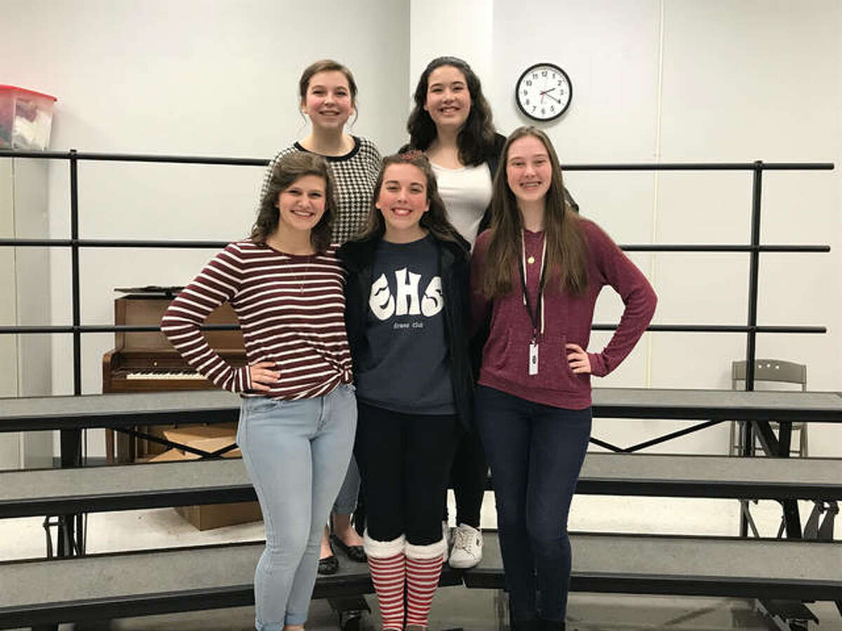 EHS students selected for the all-state chorus. Front row, from left to right: Molly Stout, Anna Bruss, and Caitlin Towell. Back row, from left to right: Teagan Short and Celie Arnett.