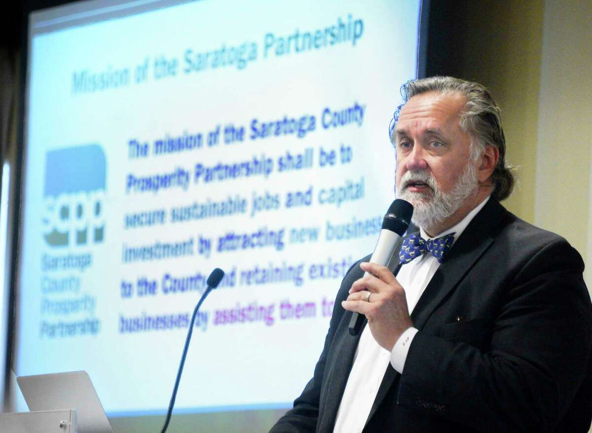 Marty Vanags, president of the Saratoga County Prosperity Partnership presents the Saratoga county real estate index Thursday Dec. 13, 2018 in Malta, NY. (John Carl D'Annibale/Times Union)