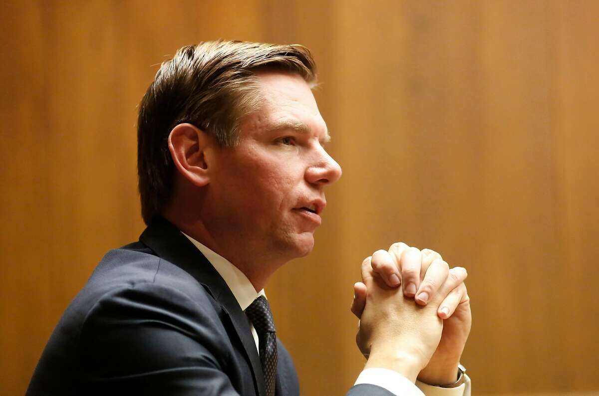Congressman Eric Swalwell talks with the Chronicle editorial board in San Francisco, Calif., as seen on Wed. Mar. 28, 2018.