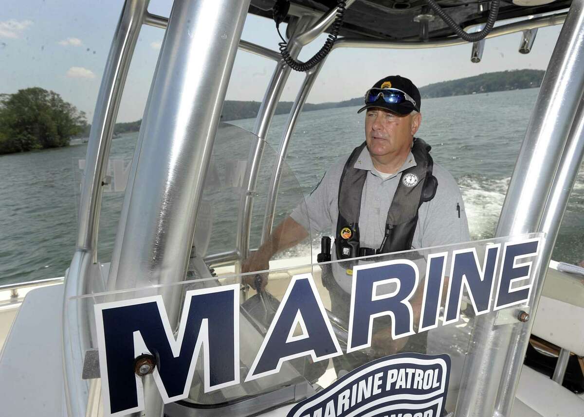 The Candlewood Lake Authority Marine Patrol’s now retired marine patrol chief, Ron Barnard, out on the lake in 2018. Nick Mellas is the current marine patrol chief.
