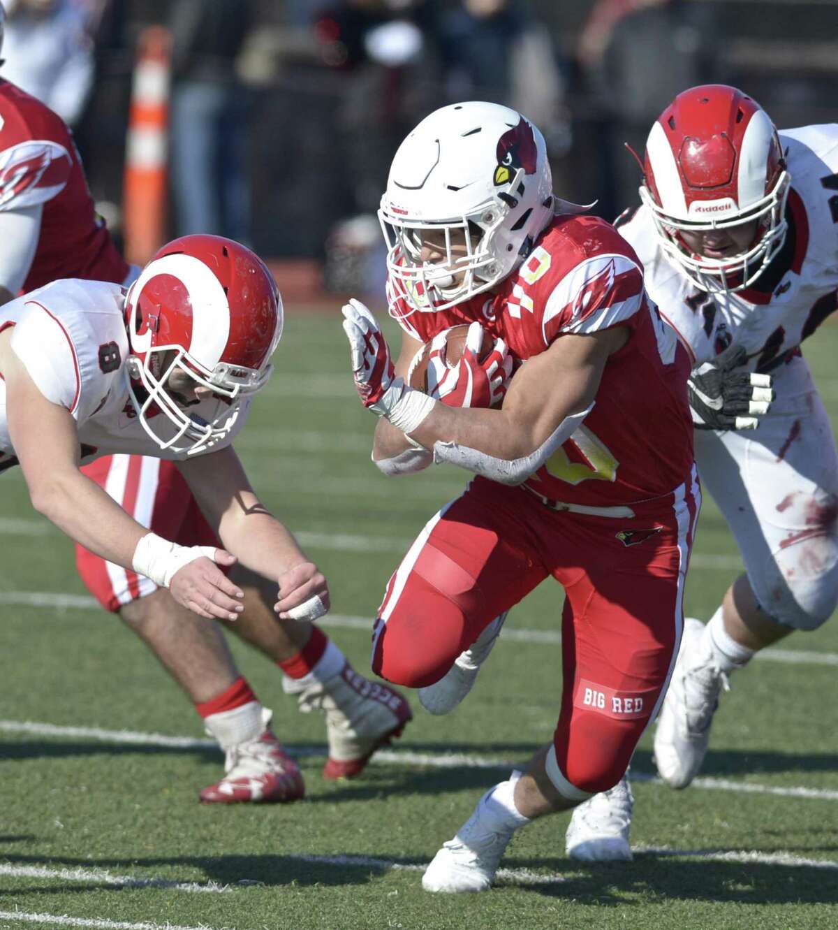 Photographs from the Connecticut high school Class LL football championship game between Greenwich and New Canaan high schools, Saturday morning, December 8, 2018, at Boyle Stadium, Stamford High School, Stamford, Conn.