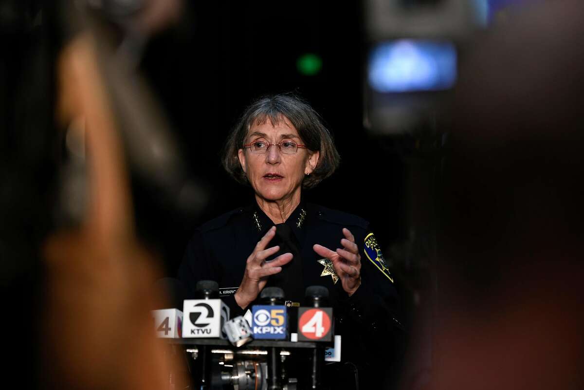 Oakland police chief Anne Kirkpatrick speaks to the media before a town hall meeting held at Laney College in Oakland, Calif., on Monday July 19, 2018.