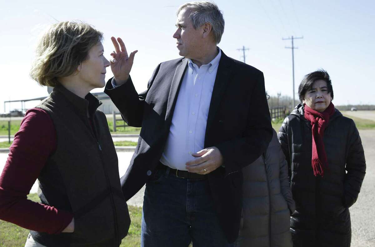 Sen. Tina Smith of MN, left to right, Sen. Jeff Merkley of OR, Sen.Mazie Hirono of Hawaii, and Rep. Judy Chu of CA, address the media following a tour of the South Texas Family Residential Center operated by U.S Department of Homeland Security, near Dilley, TX on Friday, Dec. 14, 2018.