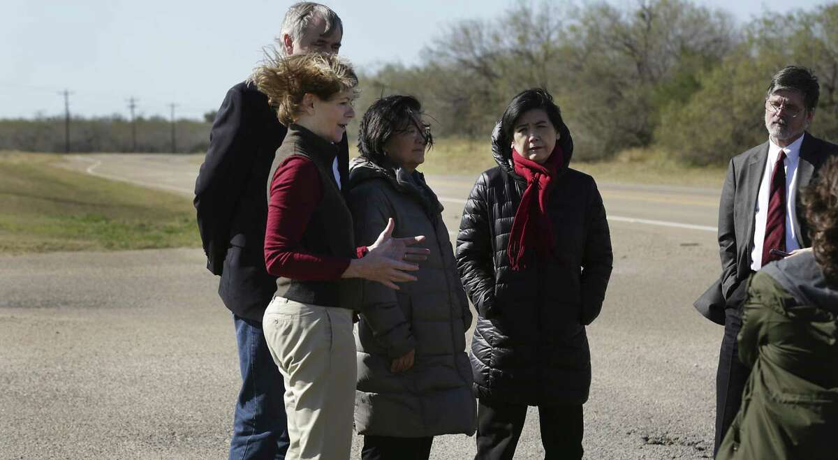 Sen. Tina Smith of MN, front to right, Sen. Jeff Merkley of OR, Sen.Mazie Hirono of Hawaii, and Rep. Judy Chu of CA, address the media following a tour of the South Texas Family Residential Center operated by U.S Department of Homeland Security, near Dilley, TX on Friday, Dec. 14, 2018.