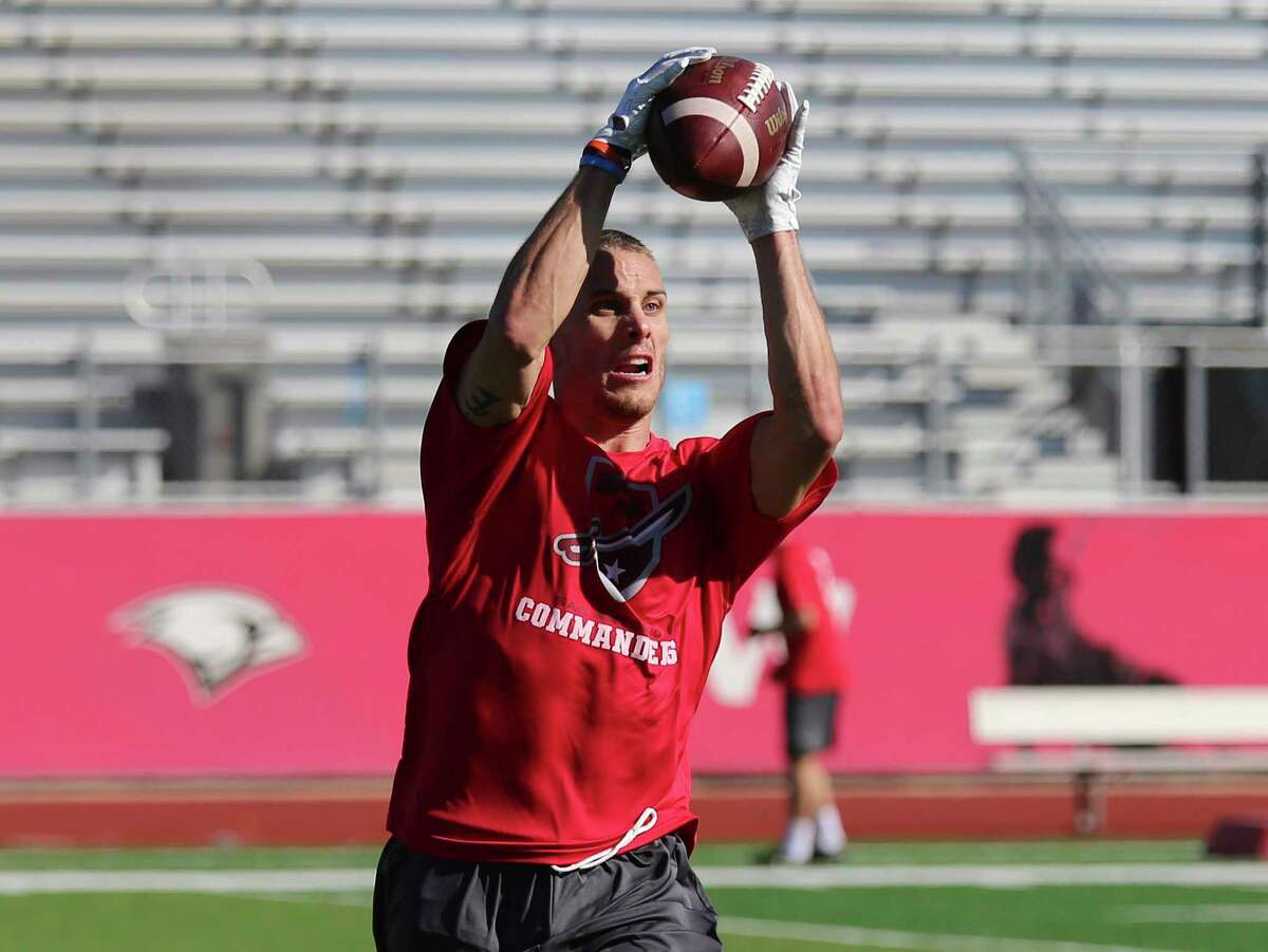 Wide receiver Riley Smith takes part in a drill as the San Antonio Commanders hold minicamp at UIW’s Benson Stadium on Dec. 13, 2018.