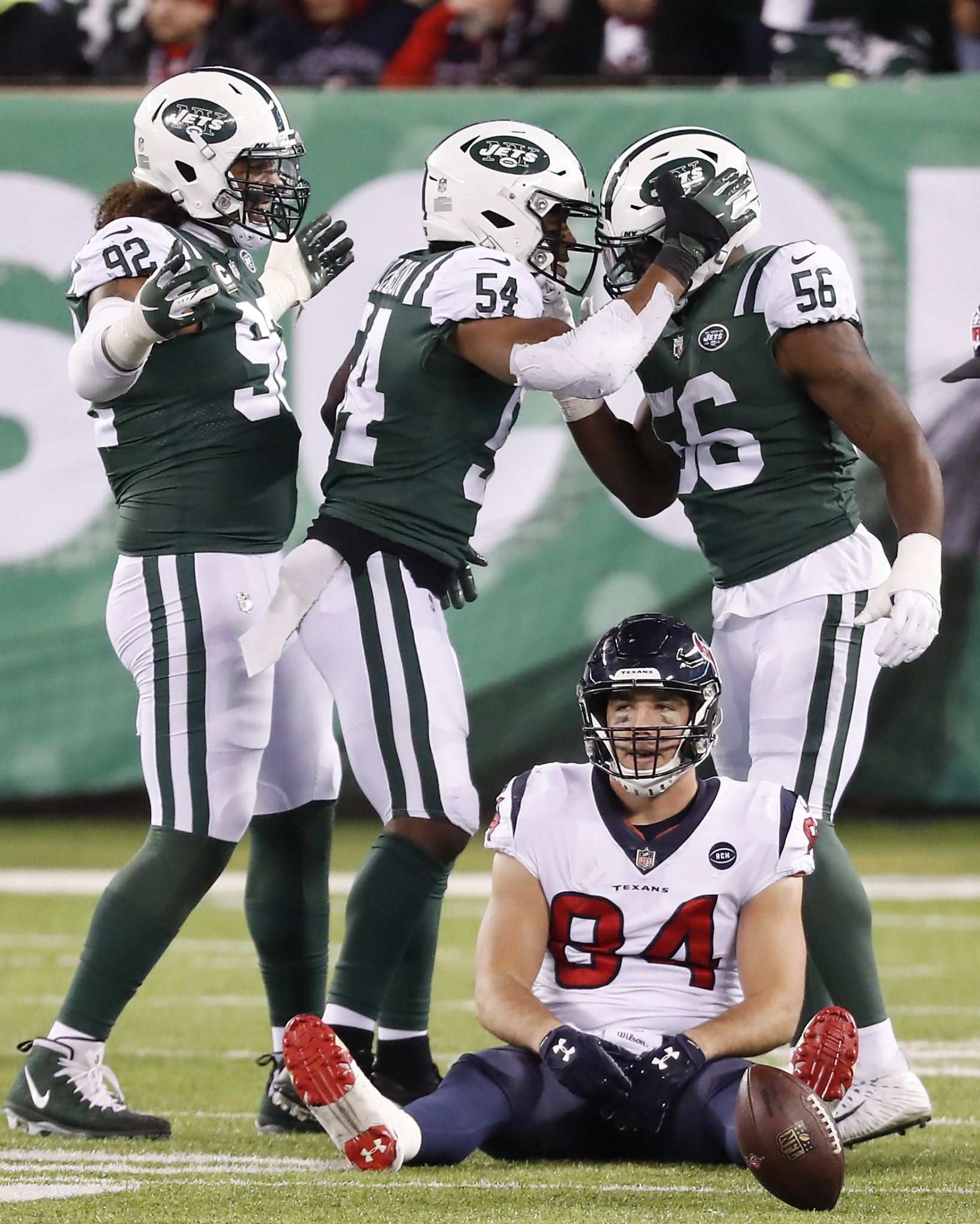 East Rutherford, New Jersey, USA. 24th Nov, 2019. New York Jets wide  receiver Robby Anderson (11) and tight end Ryan Griffin (84) during a NFL  game between the Oakland Raiders and the