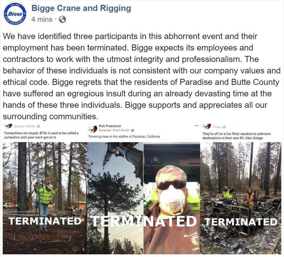 A Bay Area construction company has fired three of its cleanup workers after photos of them posing insensitively on the Camp Fire debris surfaced online.