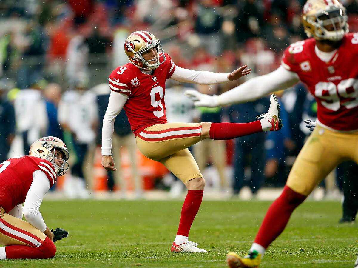 San Francisco 49ers' Robbie Gould follows through on a 2nd quarter field goal against Seattle Seahawks during NFL game at Levi's Stadium in Santa Clara, Calif. on Sunday, December 16, 2018.
