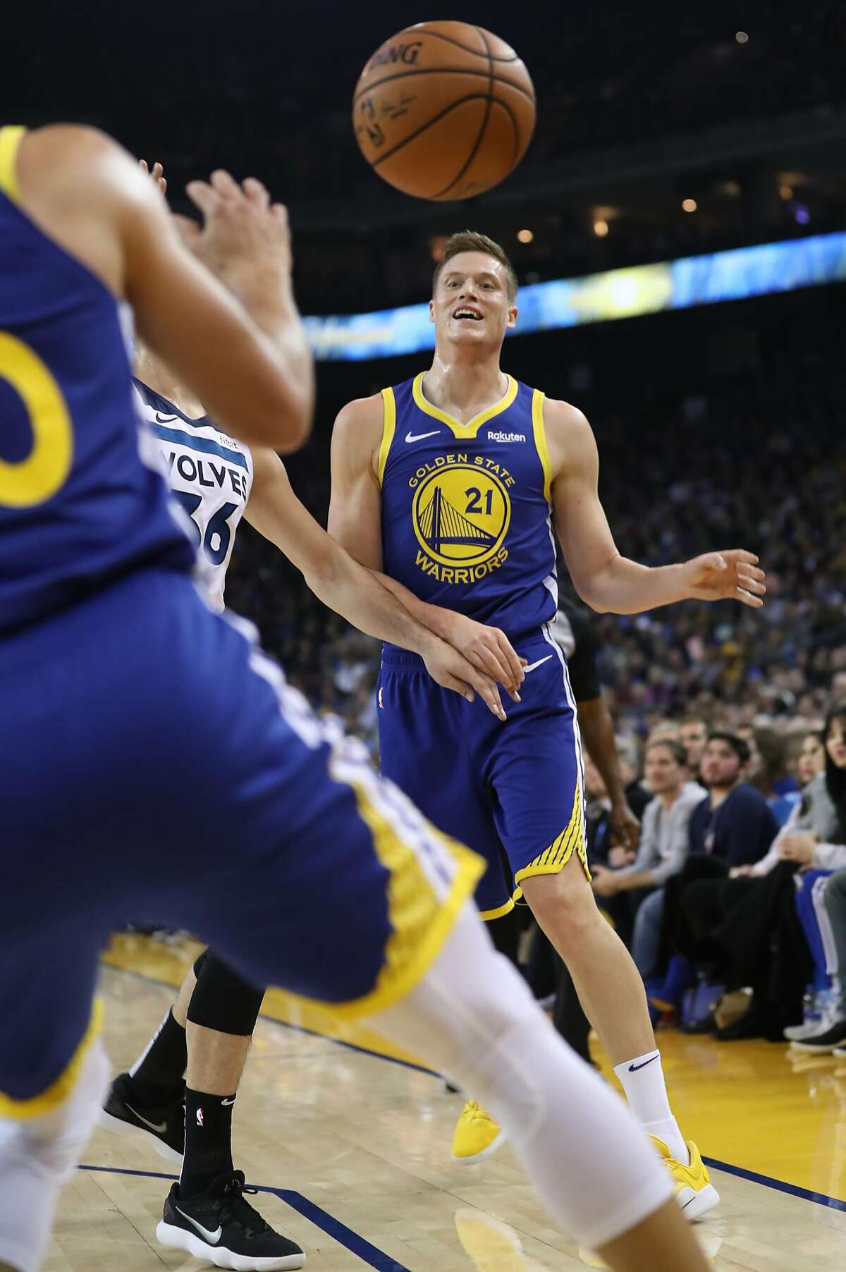 Golden State Warriors' Jonas Jerebko passes during 116-108 win over Minnesota Timberwolves in NBA game at Oracle Arena in Oakland, Calif. on Monday, December 10, 2018.