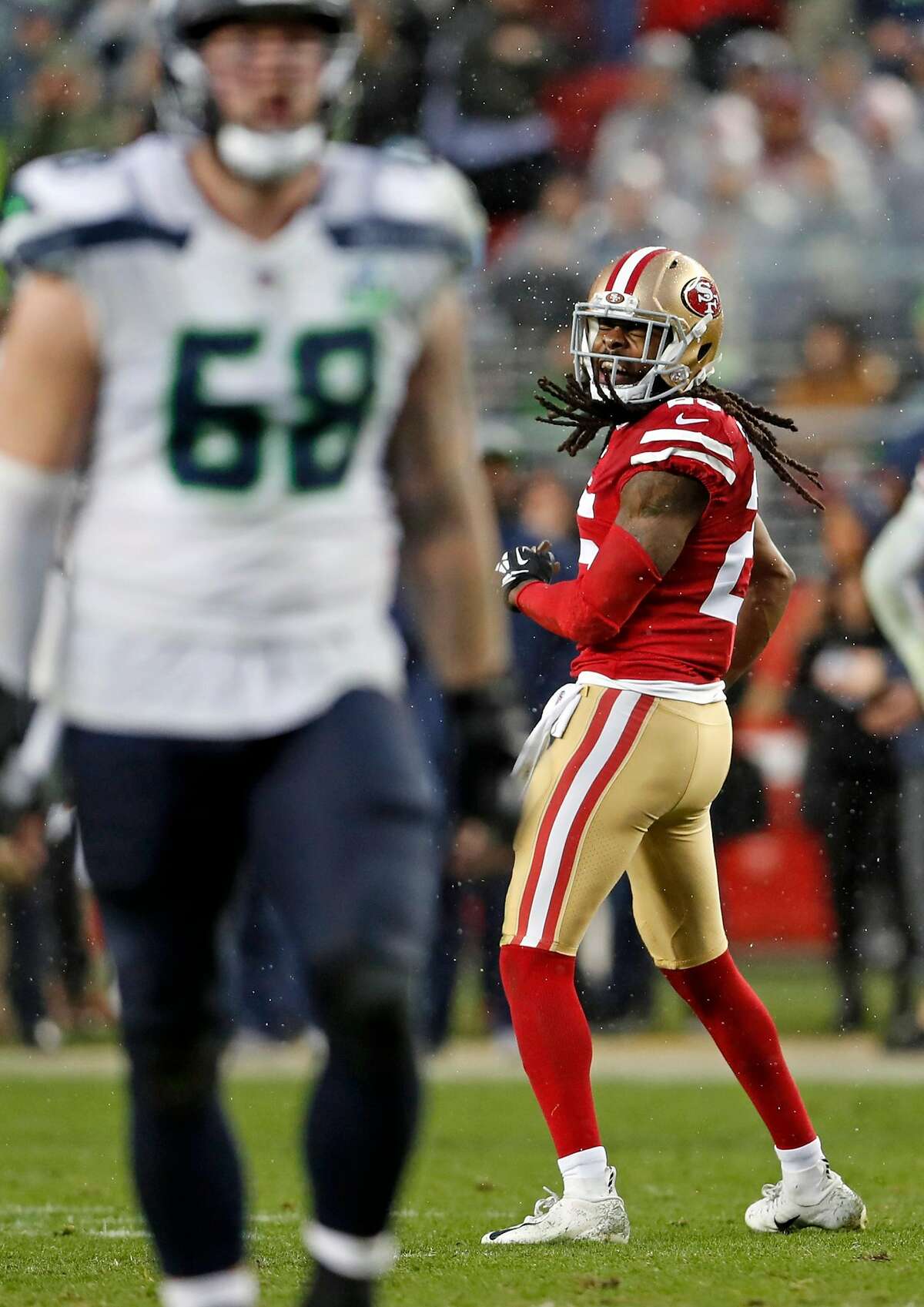 San Francisco 49ers' Richard Sherman enjoys a penalty call on Seattle Seahawks in overtime during Niners' 26-23 win in NFL game at Levi's Stadium in Santa Clara, Calif. on Sunday, December 16, 2018.