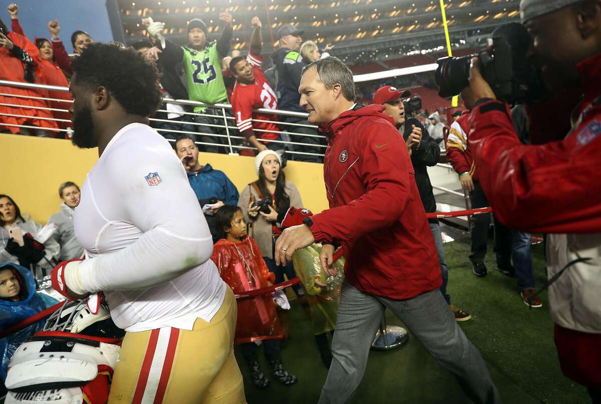 San Francisco 49ers' General Manager John Lynch leaves the field after Niners' 26-23 win over Seattle Seahawks in overtime in NFL game at Levi's Stadium in Santa Clara, Calif. on Sunday, December 16, 2018.