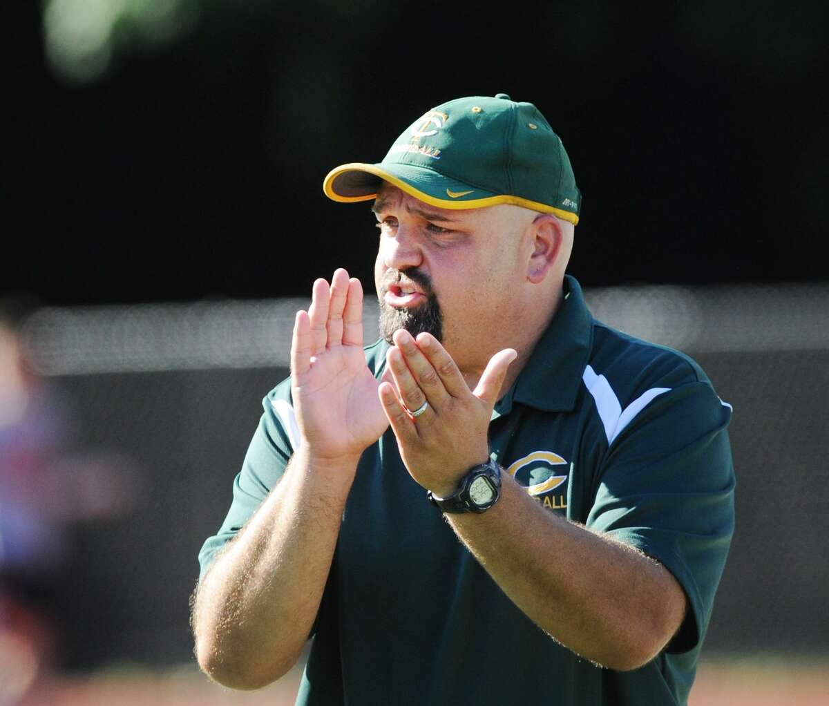 Donny Panapada, the Trinity Catholic High School football coach, during the game between Greenwich High School and Trinity Catholic High School at Greenwich, Conn., Saturday, Sept. 15, 2018.