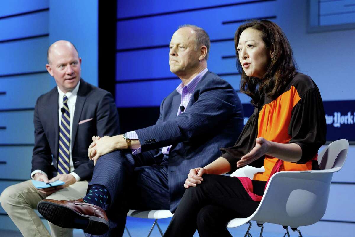 From left, Sam Sifton, food editor of The New York Times; Walter Robb, a former chief executive of Whole Foods Markets; and Rhea Suh, president of the Natural Resources Defense Council, discuss the urgent need for food equality on Dec. 7, 2018, during the Cities for Tomorrow conference in New Orleans. (Mike Cohen/The New York Times)