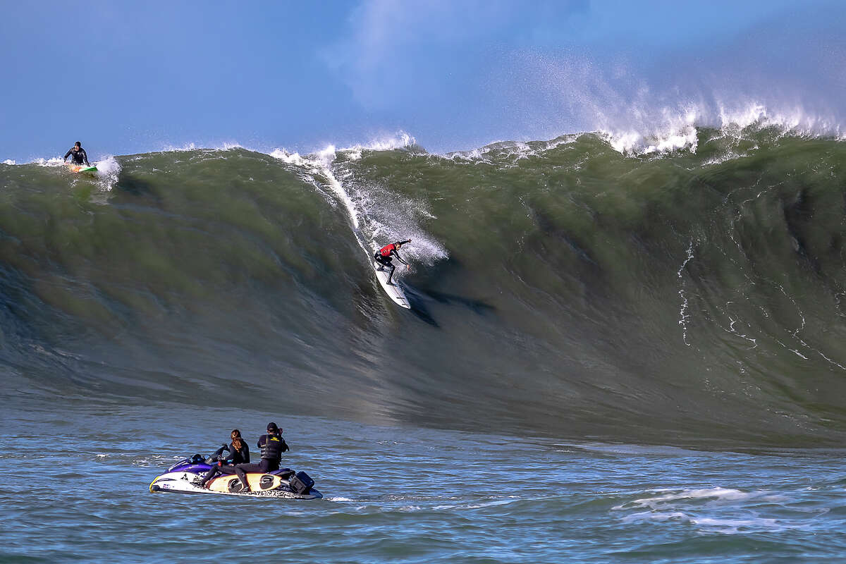 Surfers braved big waves at Mavericks Beach off Half Moon Bay on Dec. 17, 2018. The World Surfing League was eyeing the date last week for the annual surf contest, but decided conditions were too wild and dangerous.
