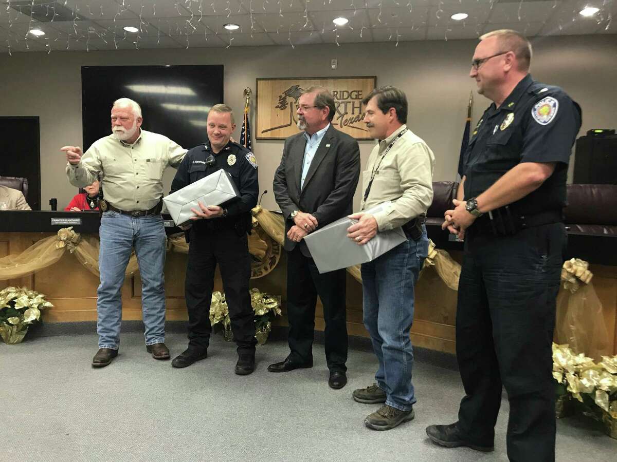 At his last city council meeting, Oak Ridge North Chief of Police Andrew Walters was recognized by his colleagues and successor, Lt. Tom Libby.