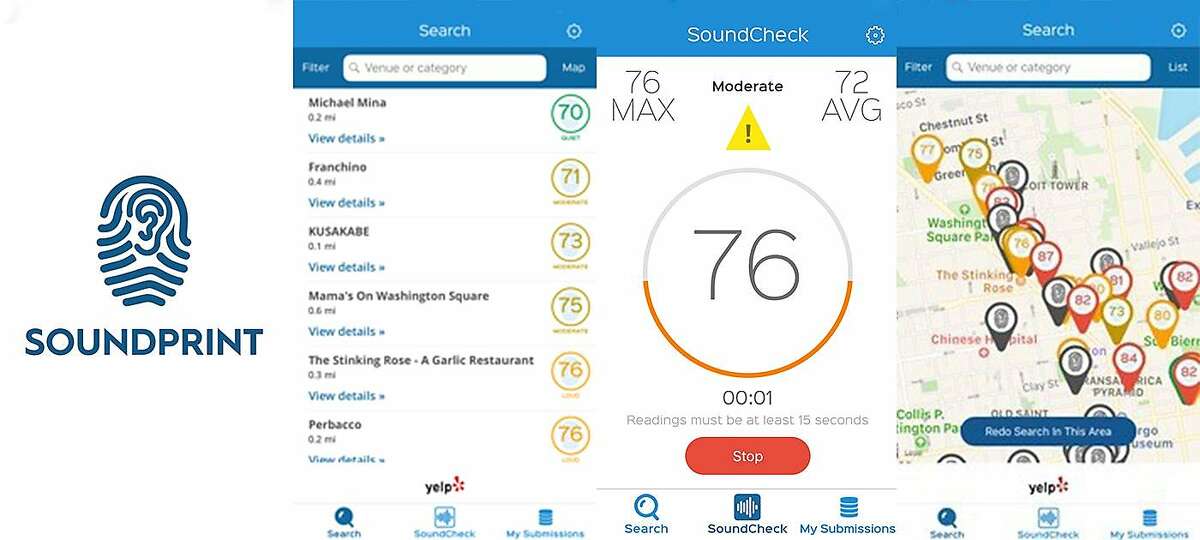 Screenshots for SoundPrint, a new iPhone app that measures the decibel level in restaurants and bars. It compiles the ratings into a crowd-sourced interactive map to help diners find quiet places to eat and converse.