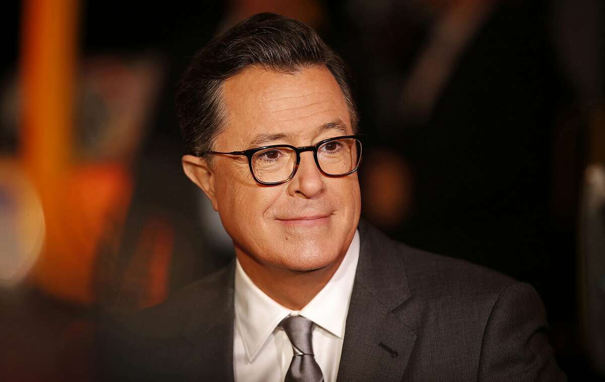 FILE: Emmy Awards telecast host Stephen Colbert during the official Red Carpet Rollout for the 69th Emmy Awards, at the Microsoft Theater in Los Angeles on Sept. 12, 2017. In his latest column, SFGATE politics reporter Alec Regimbal discusses Colbert's recent interview with Vice President Kamala Harris.