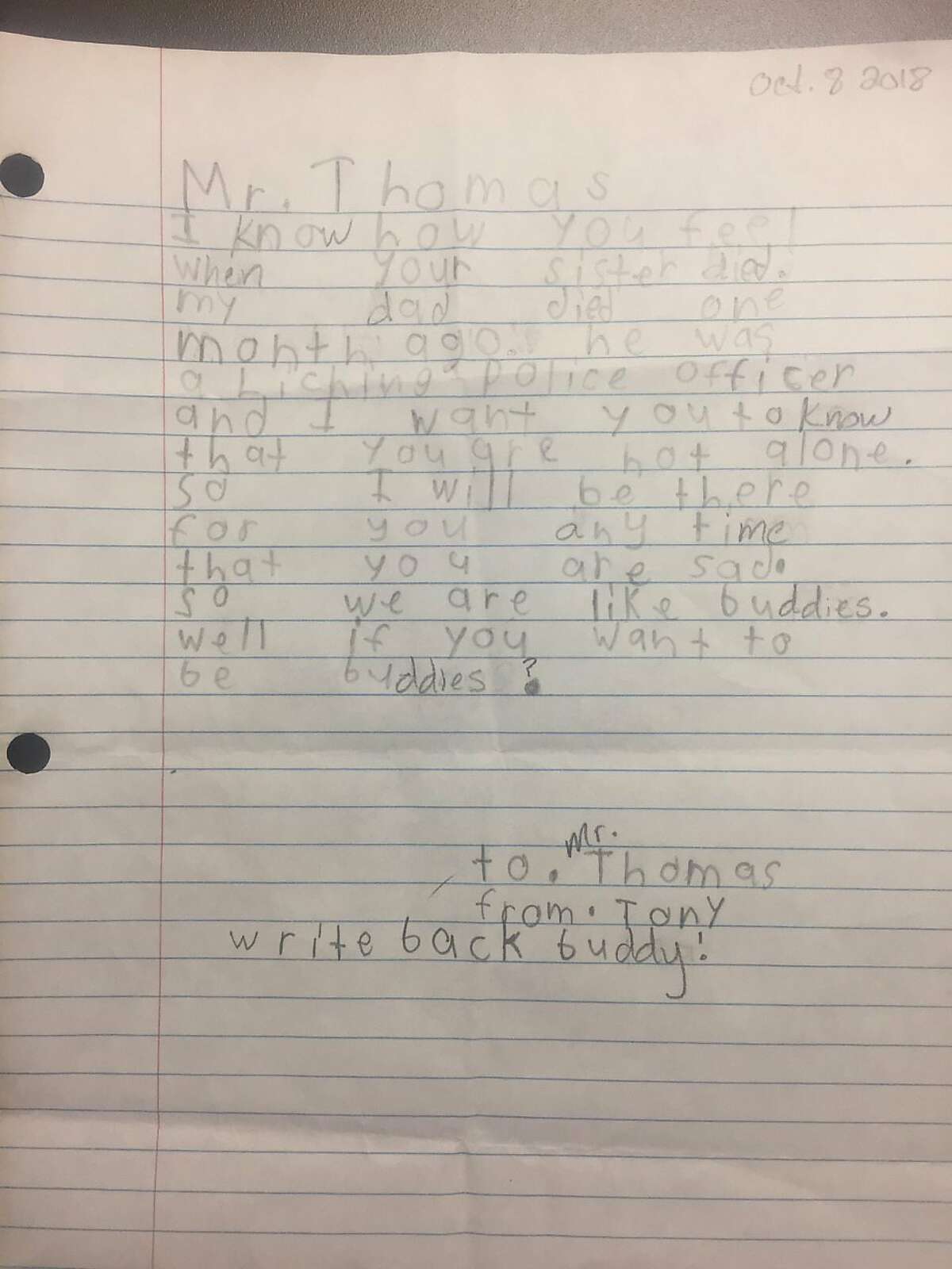 The letter Tony Hood, 9, wrote to Solomon Thomas.