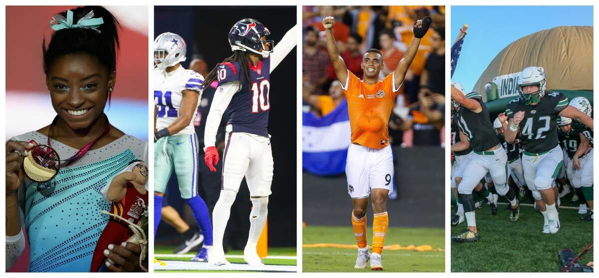 The nominees for the 2019 Houston Sports Awards' Moment of the Year: Simon Biles winning World Championship, DeAndre Hopkins spinning catch/run to set up field goal that beat the Dallas Cowboys, Houston Dynamo winning the Lamar Hunt U.S. Open Cup, Santa Fe High School's first football game of 2018.