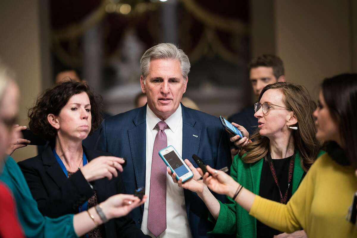House Majority Leader Kevin McCarthy (R-Calif.) talks to reporters after returning from a meeting with President Donald Trump on Capitol Hill in Washington, Dec. 20, 2018. The House is expected to vote Thursday on a stopgap spending bill that was passed by the Senate on Wednesday night. (Erin Schaff/The New York Times)
