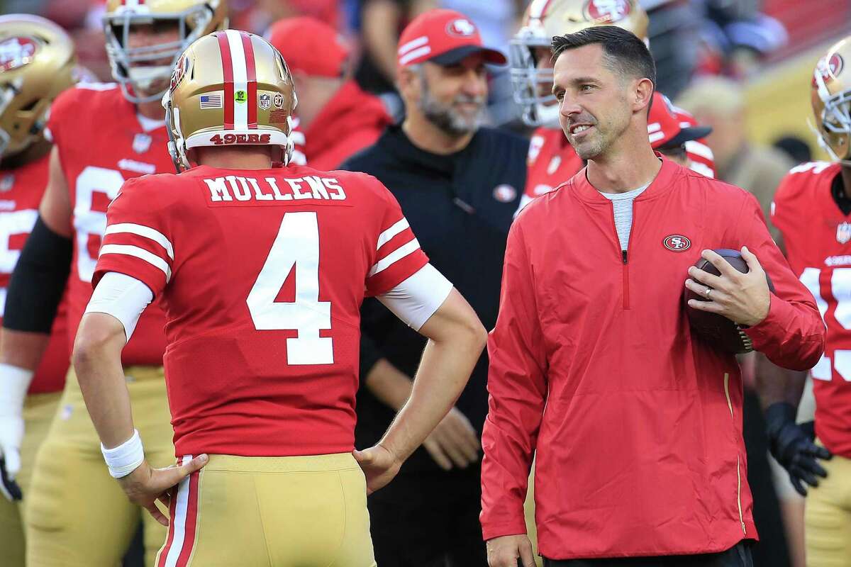 San Francisco 49ers head coach Kyle Shanahan fist pumps his