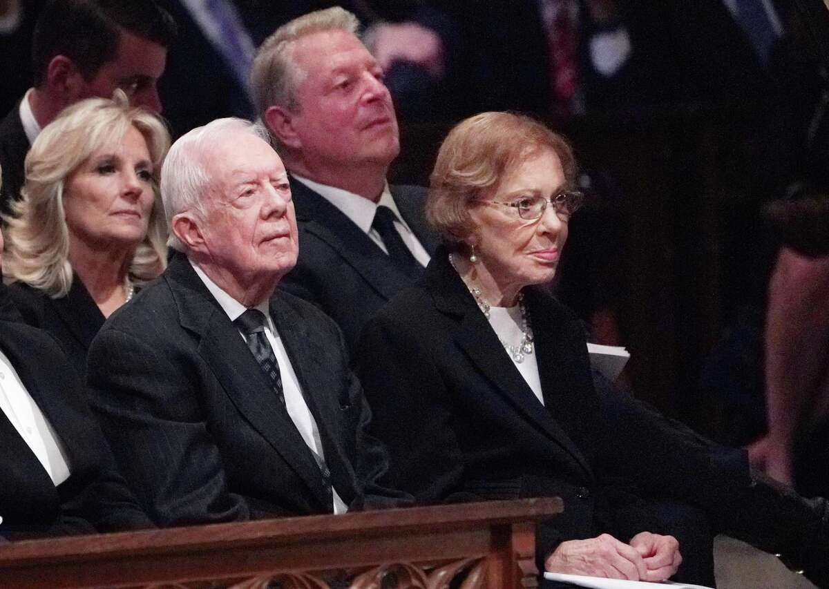 (Front row) Former US president Jimmy Carter and his wife Rosalynn Carter and (back row) Jill Biden, wife of former vice president Joe Biden, and former vice president Al Gore attend a funeral service for former US president George H. W. Bush at the National Cathedral in Washington, DC on December 5, 2018. (Photo by MANDEL NGAN / AFP)MANDEL NGAN/AFP/Getty Images
