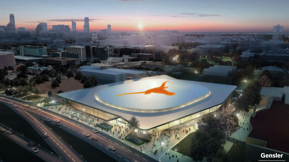 Artist renderings show a new University of Texas arena that will house men's and women's basketball games, graduations, concerts, and other events.