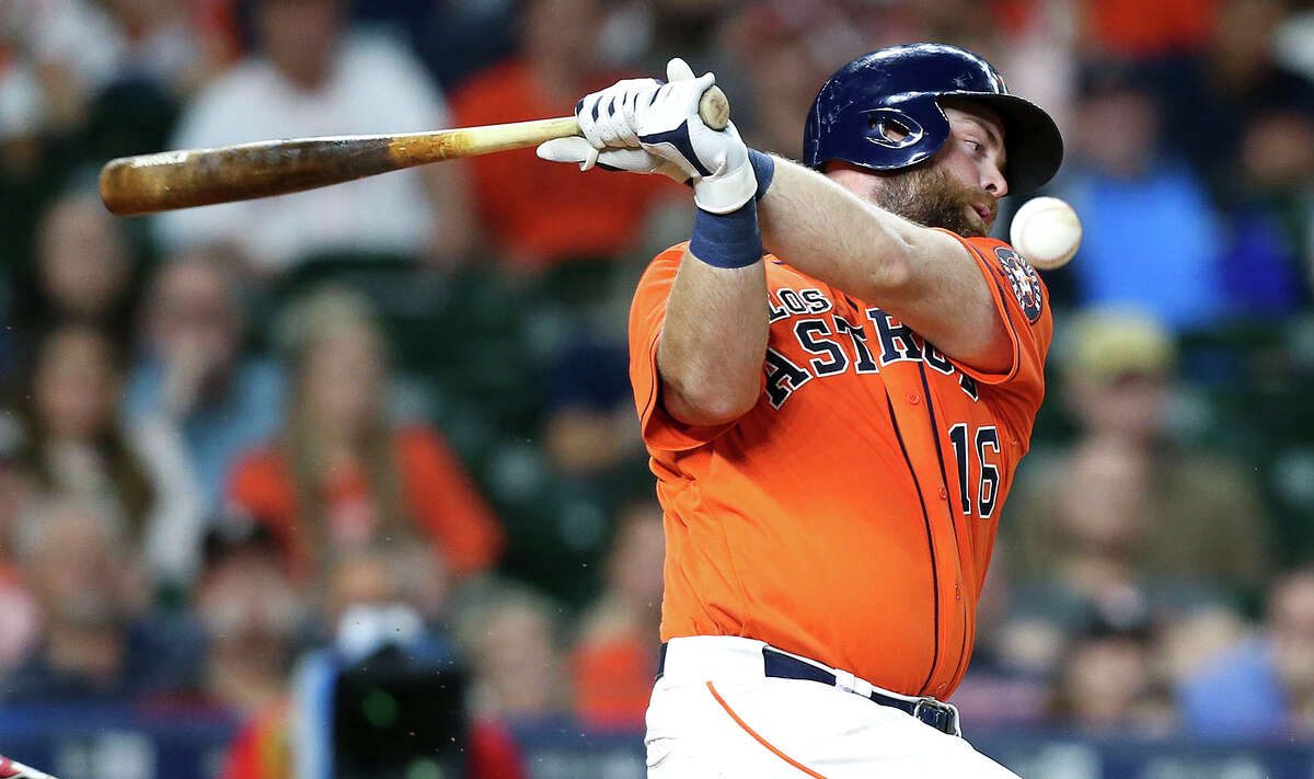 Houston Astros catcher Brian McCann (16) fouls the ball in the bottom of the ninth inning against Arizona Diamondbacks at Minute Maid Park on Friday, Sept. 14, 2018 in Houston.