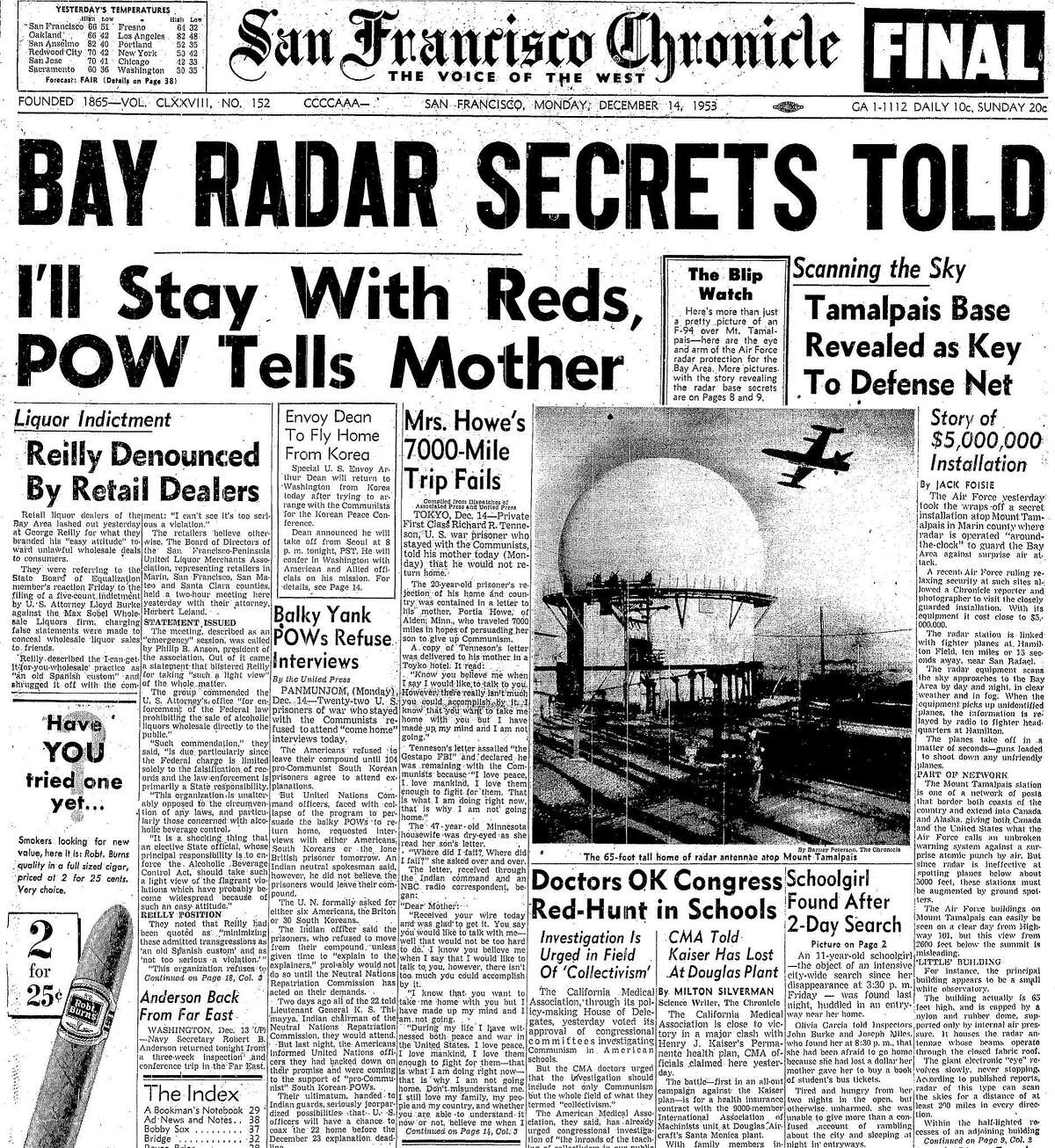 The December 14, 1953 Chronicle front dramatically reports on the "secret" military base on top of Mount Tamalpais