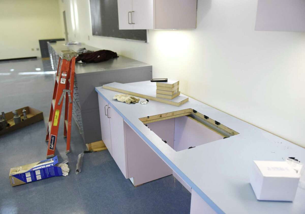 The art room sink and faucet that caused flooding is repaired in Cos Cob School in the Cos Cob section of Greenwich, Conn. Wednesday, Dec. 19, 2018. Displaced Cos Cob School kindergartners, first- and second-graders will return on Jan. 2, concluding nearly three months in makeshift classrooms at Parkway and Old Greenwich Schools after major flooding caused damage forcing students to be relocated.