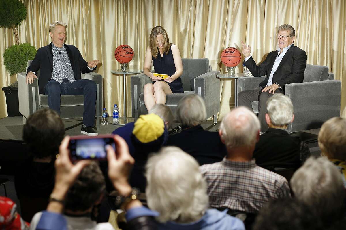 From left: Golden State Warriors head coach Steve Kerr, Connecticut Huskies head coach Geno Auriemma and Cal women's basketball head coach Lindsay Gottlieb in "A Chat With Champions" at the University Club inside Memorial Stadium on Friday, Dec. 21, 2018, in Berkeley, Calif.