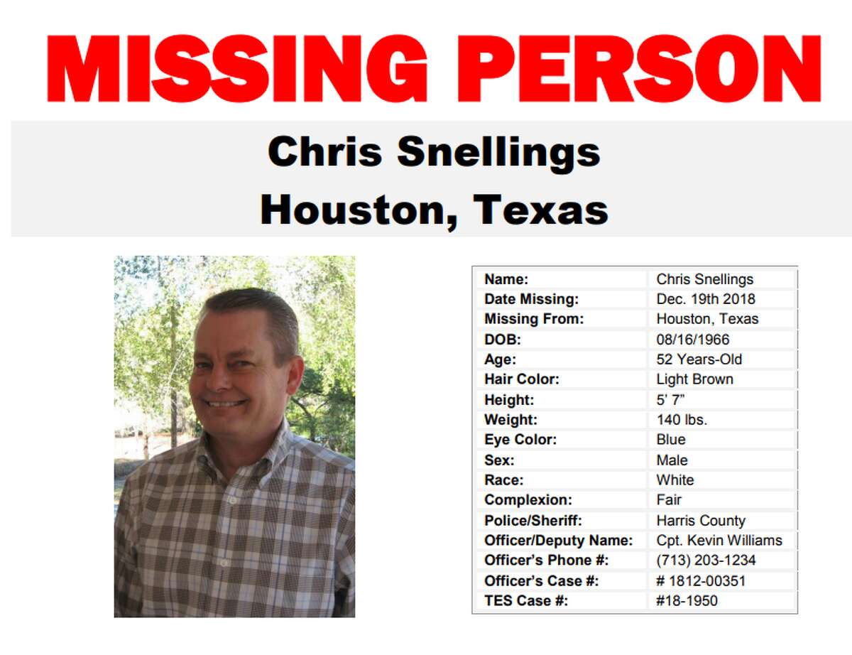 Authorities were searching for a Houston man who went missing after walking out of Sam Houston Hotel earlier this week. Chris Snellings, 52, was last seen around 6:45 p.m. at the hotel on Prairie Street, according to Texas Equusearch. >>>See other people reported missing in Houston ...