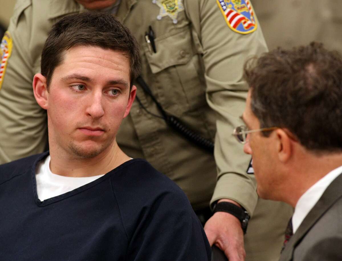 FILE In this Jan. 14, 2009 file photo, Johannes Mehserle, left, talks with his attorney Christopher Miller in the East Fork Justice Court in Minden, Nev. Mehserle, a former San Francisco Bay area transit officer in jail for fatally shooting an unarmed man is expected to be released next week after serving 11 months of a two-year sentence. Alameda County Deputy District Attorney Teresa Drenick said Thursday that 29-year-old Johannes Mehserle will be released from a Los Angeles County jail Monday. A juryconvicted the ex-Bay Area Rapid Transit officer last year of involuntary manslaughter for killing Oscar Grant on an Oakland train station platform New Year's Day 2009.