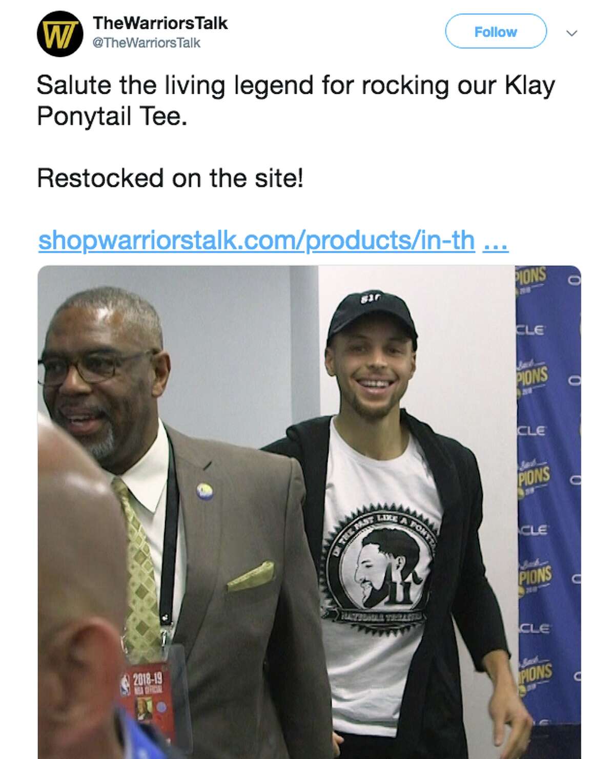 Stephen Curry sports a shirt with teammate Klay Thompson's face on it.